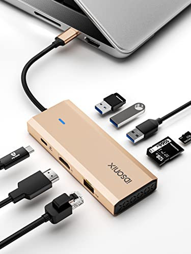 USB C Hub, iDsonix 8 in 1 USB C Hub Aluminium Multiport Adapter, USB C Docking Station mit HDMI 4K@60Hz, PD 100W, 1Gigabit Ethernet, SD/TF Kartenleser für MacBook Air/Pro iPad Dell/Hp Laptop Roségold
