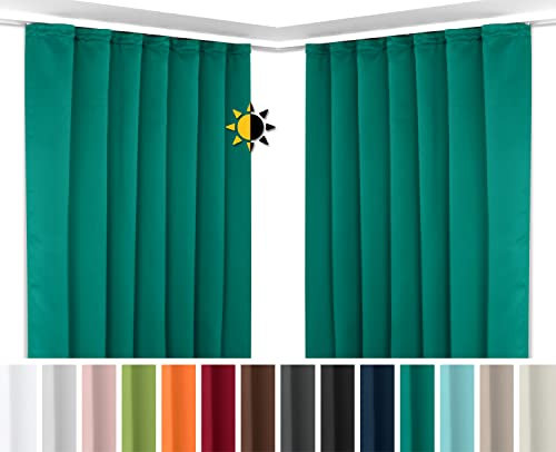 BEAUTEX 2er Set Kräuselband Verdunkelungsvorhang mit U-Band, Gardinen abdunkelnd und Blickdicht (B=300 cm, H=245 cm, Petrol)