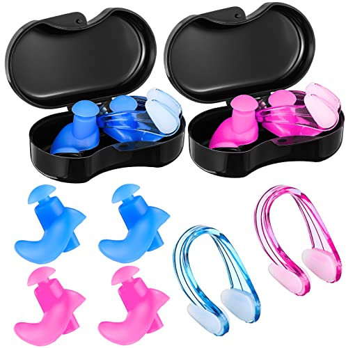 2 Sets Silikon Schwimmen Ohrstöpsel mit Nasenklammern Wiederverwendbare Wasserdichte Ohrstöpsel mit Aufbewahrungsbox für Schwimmen Duschen Baden Surfen Schnorcheln (Weiß) (Blau, Rosa)
