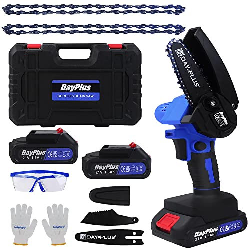 Mini motosierra eléctrica de 21 V, con una sola mano, podadora de 4 pulgadas, pequeña motosierra manual con cargador y 2 baterías, para árbol de jardín, agricultura, 2 cadenas