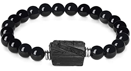 GAVU Geschenke Einfaches Roher Edelstein Schwarzer Turmalin Kristall Perlenarmband Größe S