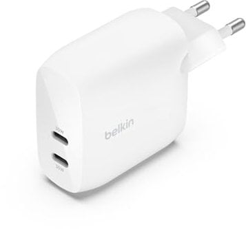 Belkin BoostCharge chargeur secteur deux ports USB-C avec PPS de 60 W, chargeur USB C pour iPhone 16, 15, iPad, Samsung Galaxy, Google Pixel, avec câble USB-C vers Lightning et USB-C vers USB-C