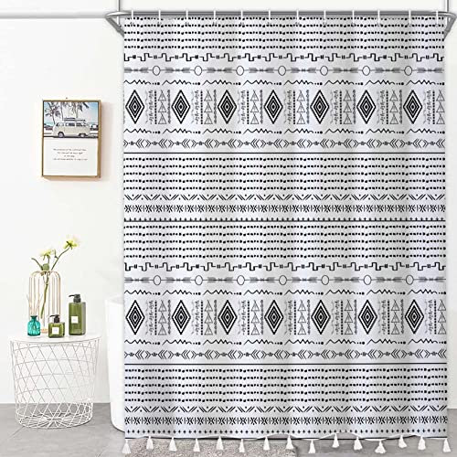 Bovlleetd Rideau de Douche à Pompon marocain Boho Rideau de Douche de Ferme Moderne avec Glands Rideau de Douche décoratif géométrique Chic pour Ensemble de Salle de Bain 12 Crochets 153x183cm