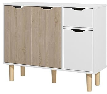 Panana Sideboard Living Room Storage Cabinet with 2 Doors 2 Drawers Wooden Side Cabinet (White and 2 Natural Doors)