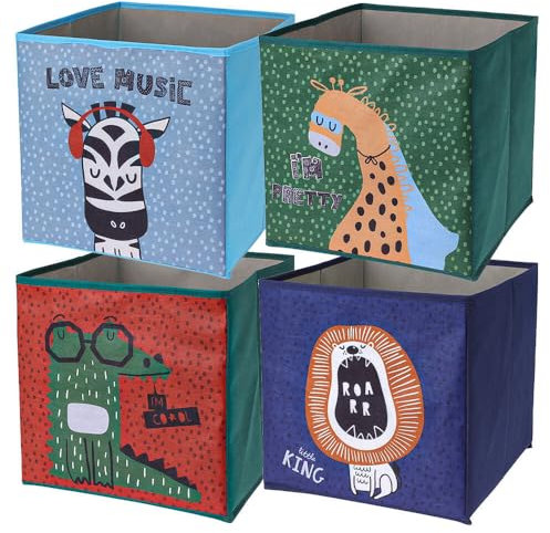 Murago - 4er Set Faltboxen ca. 30x30x30 cm - Aufbewahrungsboxen Tiermotiv faltbar Körbe Spielzeug Kiste Boxen Stoff Würfel Regalkorb Klappbox für Kinderzimmer