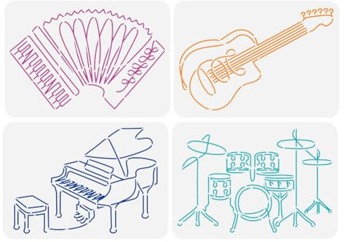 FINGERINSPIRE 4 Stück Musik Malschablone 21x29.7 cm Klavier Gitarre Akkordeon Trommel Muster Zeichnungsvorlage Musikinstrument Schablone Zum Malen Auf Holz Wand Stoff Möbeln