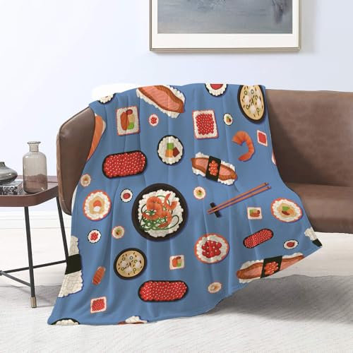 DIYCAM Kuscheldecke Flauschige extra weich warm Wohndecke Flanell,Appetit Japanisches Essen Sushi mit verschiedenen Brötchen Suppe und Reis im flachen Stil,Sofadecke oder Bettüberwurf,100 * 130 cm