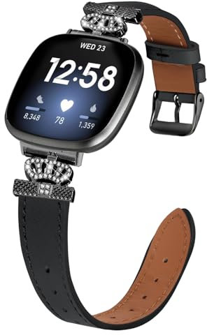 Gimuk Lederarmbänder, kompatibel mit Fitbit Versa 4/Versa 3, Armband für Damen und Herren, echtes Lederarmband, Metall, glitzernd, Strass, Ersatz-Uhrenarmband für Sense 2, Small / Large, Leder,