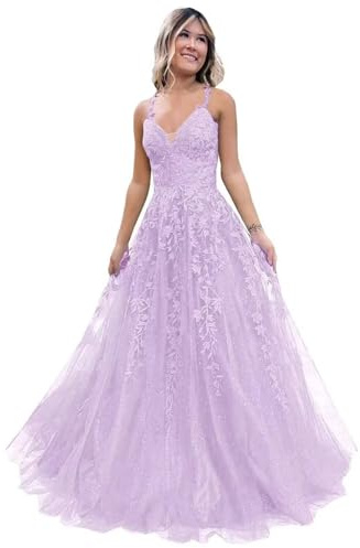 Vtorliya Women's Spaghetti Strap Tulle Prom Dresses Long Lace Appliques Ball Gown A-Line V Neck Formal Evening Party Dress Lilac