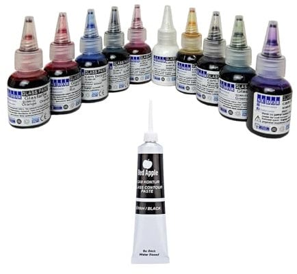 SÜDOR Glasmalfarben-Set. Schnelltrocknend Glasmalerei-Set. Vitrail. Geeignet zur dekorativen Gestaltung. Glass Paint Stained Glass (10 Farben x 25 ml & Konturenfarbe (Schwarz, 20ml))