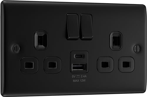 BG Electrical Double Switched Power Wall Plug Socket with Type A and Type C USB Charging Ports, Nexus Metal, Matt Black, 13A, 12W, NFB22UAC12B