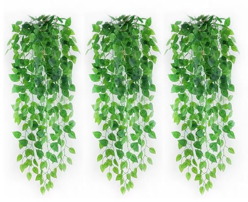 SJDOFU Künstliche Hängepflanzen, 3 Stück Kunstpflanze Hängend, 90cm Hängepflanze Künstlich, Hängepflanzen Kunstpflanze für Hochzeit Garten Hängekörbe Wand Dekoration(Grün)