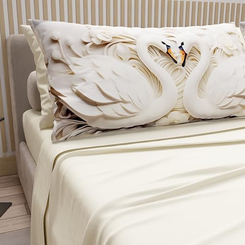 PETTI Artigiani Italiani - Lenzuola in Cotone con Federe in Stampa Digitale, Lenzuola Matrimoniali, Completo Letto Matrimoniale, Cigni Panna, 100% Made in Italy