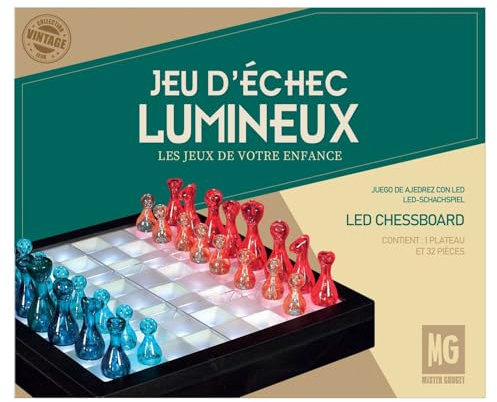 MISTER GADGET, MG3543 Transparent LED Chess Set, Luminous Chess Board, Black, Blue and White Pieces, Modern and Elegant Design for 2 Players, Ages 14+