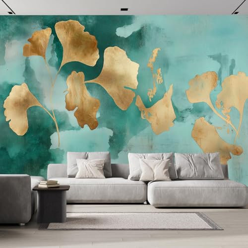 Papier Peint Panoramique Feuilles De Ginkgo Dorées, 250×175 cm Marbre Aquarelle Usine Papier Peint soie Personnalisé Photo Murale pour Salon Chambre d'enfants Décoration Murale