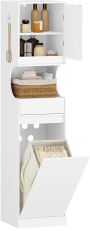 Hzuaneri Badezimmerschrank mit Wäschekorb, Hochschrank Badschrank, Wäschesack, mit faltbarem Wäschekorb, Tür und Schublade, verstellbare Ablage, 40 x 40 x 174 cm, Weiß BC43013X