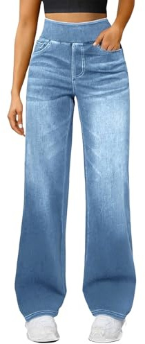 Blue Jeans,High Waisted Pull On Stretch Comfy Palazzo Trousers Casual Denim Pants with Pockets for Everyday Wear,Straight Leg Jeans Women