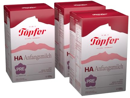 Töpfer HA Hydrolysierte Anfangsmilch PRE – Säuglingsanfangsnahrung ab Geburt – mit GOS & 4 Bifido-Kulturen (Probifido®) – ARA & DHA aus Algenöl – mit aufgespaltenem Eiweiß – 3x600g