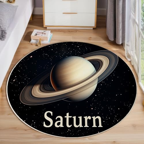 MLSOWM Kurzflor Runder Teppich 60cm Saturns Ringe rutschfest Teppiche Weltraumplanet Waschbar Runde Bettvorleger for Schlafzimmer Kinderzimmer Heimbüro, Schwarz