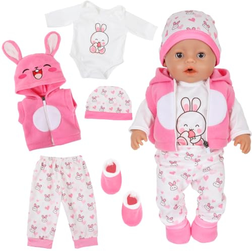 5 Stück Puppenkleidung, Süßes Häschen Baby Kleidung für 35–43 cm Puppens | Kleines Häschen Puppenkleidung 43 cm Set, Puppen Klamotten 36 cm mit Hasen Jacke, Hasen Oberteil, Hose, Hut, Socken, Rosa