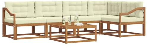 vidaXL Outdoor-Sofagarnitur mit Kissen 6 pcs Natur und Creme, Gartenmöbelset, modernes Patiosofa, Robustes modulares Lounge-Set, Outdoor-Sitzgelegenheit für Garten, Poolbereich, Akazienholz