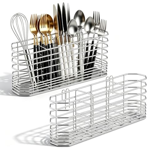 YUDAWN 2PCS Cutlery Drainer Stainless Steel Utensil Holder Space Saving Cutlery Drying Rack with Hooks for Kitchen Spoons Forks and Knives Organiser 20x4x9cm