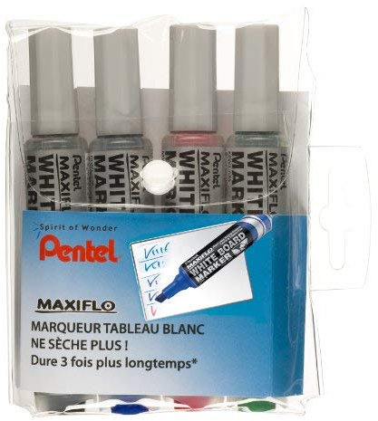 Pentel Maxiflow Set mit 4 Whiteboard-Markern, Keilspitze, Large, Schwarz/Blau/Rot/Grün, MWL6