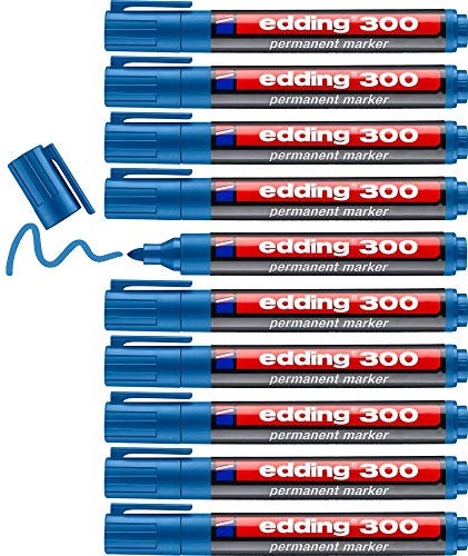 edding 300 Marqueur permanent - bleu clair - 10 stylos - pointe ronde 1,5-3 mm - sèche vite, résiste à l'eau et aux frottements - pour carton, plastique, bois, métal, verre