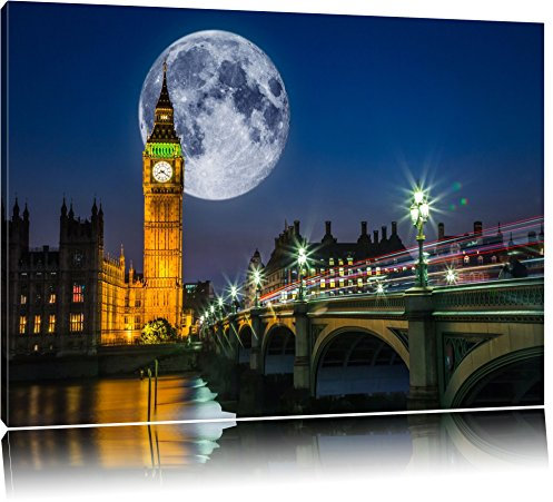 Pixxprint Big Ben vor großen Mond in London, Größe: 100x70cm, Leinwandbild, fertig gespannt, Wandbild, Dekoration, Kunstdruck, kein Poster