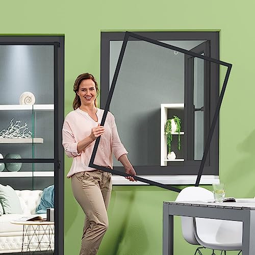 empasa Insektenschutz Fenster Basic mit Alurahmen in Weiß, Braun oder Anthrazit und FILATEC® Gewebe in Schwarz, kürzbarer Bausatz zur Selbstmontage, Fliegengitter, verschiedene Größen