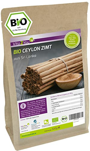 Vita2You Bio Ceylon Zimt Pulver - Original aus Sri Lanka - 500g im Zippbeutel - Ökologischer Anbau - Glutenfrei - Zimt gemahlen - Zimtpulver - Premium Qualität