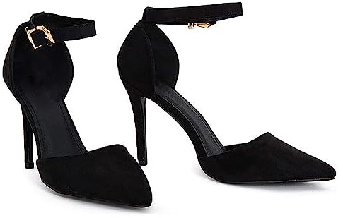 Womens Mens Unisex Ankle Strap Buckle Stiletto Heel Court Shoes Plus Size 9 10 11 12 (Black Suede, Numeric_11)