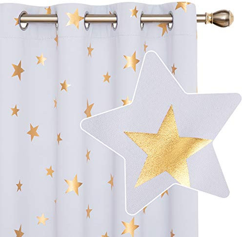 Deconovo Gardinen Blickdicht Verdunkelungsvorhänge Dekoschals Kinderzimmer mit Ösen Sterne Modern, 229x168 cm(HöhexBreite), Silber Grau, 2er Set