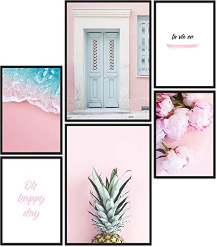 Papierschmiede® Mood Poster Set La Vie En Rose, Bilder Wohnzimmer Deko Schlafzimmer, 2x DIN A3 und 4x DIN A4, Rosa Ananas Pfingstrosen - ohne Rahmen