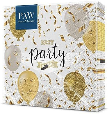 PAW - Servietten 3-lagig (33 x 33 cm) I 20 Stück I Perfekt für Geburtstage, Partys, Hochzeiten, Kommunion und Feiern I Papierservietten Bunt - Luftballons, Gold, Partyaufschrift I Elegant Balloons