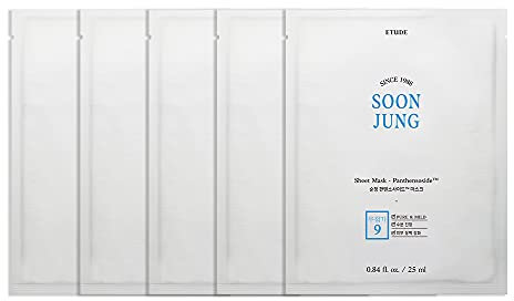 Etude House Soonjung Tuchmaske Panthensoside [5er SET] (21AD); Feuchtigkeitsspendende und beruhigende Gesichtstuchmaske für eine SOS-Lösung für die Haut