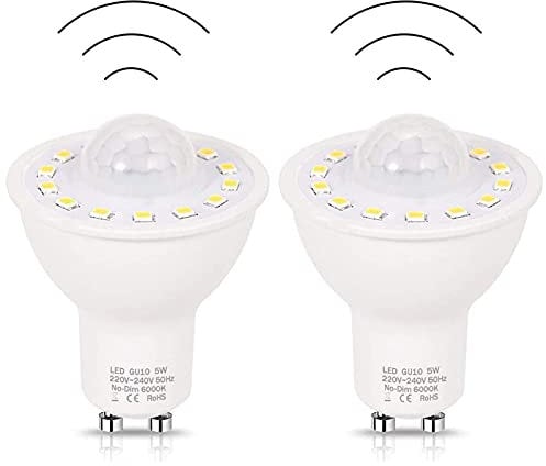 2PCS GU10 PIR Motion Sensor LED Bulbs, 5W Equivalent 50W 500Lm High Brightness Bulb, Energy Saving Lightbulbs for Stairs Garage Corridor Hallway