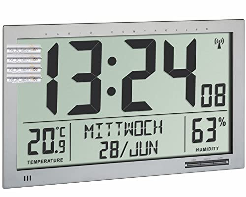 TFA Dostmann Digitale XL-Funk-Wanduhr mit Raumklima TFA 60.4517.54 (Silber mit Batterien)