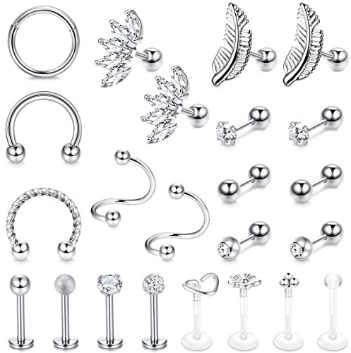 Milacolato 23Pcs Helix Piercings für Damen Edelstahl,Forward Helix Tragus Conch Piercing Ohr,Septum Labret Piercing Ring,Ohrknorpel Ohrpiercing Ohrstecker Piercing Set Silber