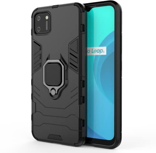 HONLEN Hülle Kompatibel für Realme C11 (2021) Handyhülle, (6.52 Inches) [Stoßfeste][Kratzfest] Case mit 360 Grad Drehhalter Rüstung Schutz Cover Schwarz