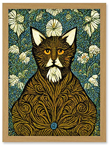 Doppelganger33 LTD Floral Paisley Illustrated Golden Cat William Morris Artwork Framed Wall Art Print A4