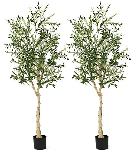GOPLUS Lot de 2 182 cm Oliviers Artificiels, Fausse Olivier Réaliste, Arbre Artificiel Intérieur et Exterieur, Plante Verte avec Fruits d'olive Mousseux pour Cour, Salon et Bureau, Élégant et Natruel