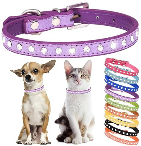 Hundehalsband mit Strasssteinen, niedlich, Kristall, Diamanten, Katzenhalsband, weiches Leder, Kätzchen, Welpen, Halsbänder, verstellbar, für kleine, mittelgroße Hunde, Lila, Größe M