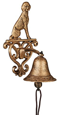 Relaxdays Türglocke Gusseisen, antikes Design, Gartenglocke Hund, mit Kordel, Glocke für draußen, Wandglocke, Gold