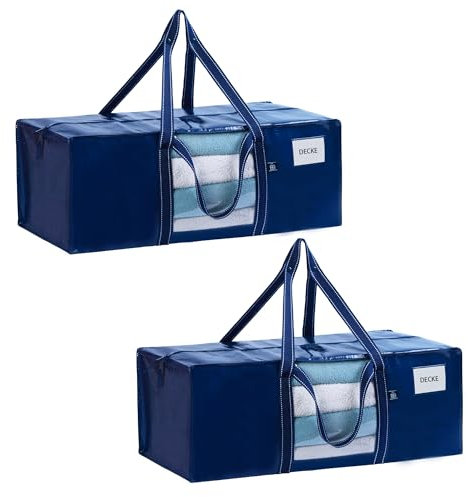 VENO 87L Extra Große Aufbewahrungstasche Faltbare Umzugstaschen mit Schultergurt, verstärkter Griff Kleideraufbewahrung Aufbewahrungsbox für Bewegen, Reisen, Camping (Blau mit Fenster, 2 Pack)