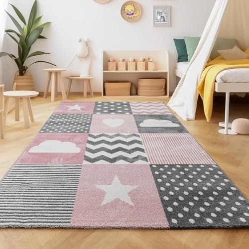 SIMPEX Teppich Kinderzimmer Herz und Stern Design Kurzflor Kinderteppich mädchen Spielteppich Modern Design Babyzimmer Teppiche für Junge und Mädchen Extra Weich und Antiallergen 140 x 200 cm