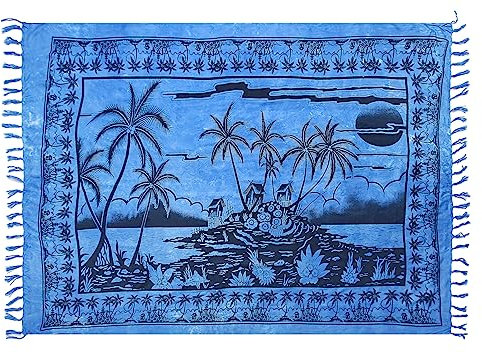 Pareo Sarong Strandtuch Damen - Wickelrock Strand - Handtuch Blickdicht als Wickeltuch oder Handtuchkleid und Wickelkleid Damen - Handarbeit aus Fair Trade Herstellung Blau Insel Meer