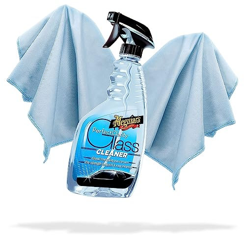 Auto Glas Reinigungsset | Meguiar's Perfect Clarity Glass Cleaner 473 ml mit 2 Glastüchern - 40x40 cm, 270 GSM | Glasreiniger für streifenfreie Scheiben | Scheibenreiniger Set für Außen und Innenraum