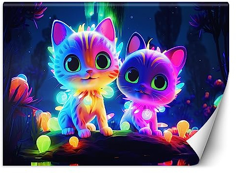 Feeby Fototapete Katzen Für Kinder 250x175 cm mehrfarbig XXL Vlies Wandtapete Tapeten Wohnzimmer Schlafzimmer Jugendzimmer Moderne Design Wandbild Wand Dekoration Niedlich AI Neon