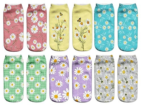 Benefeet Sox Lustige verrückte Knöchelsocken für Damen und Mädchen, lustige 3D-Druck-Muster, alberne süße Socken, 6er-Pack Gänseblümchen, Einheitsgröße